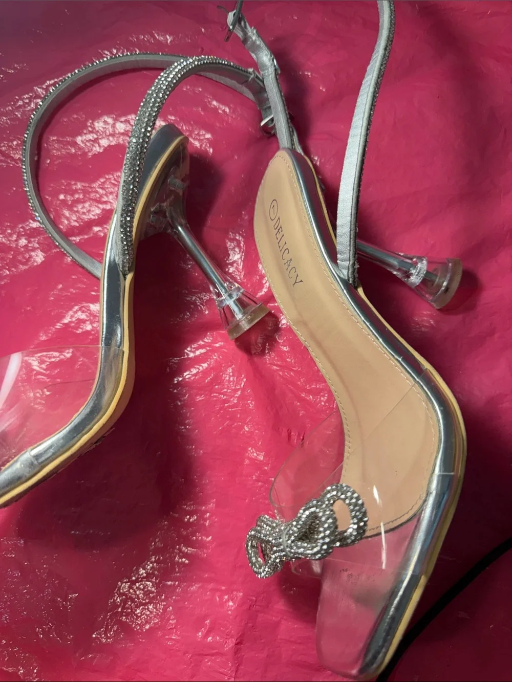 Delicacy Silver Metallic Open-Toe Heels with Rhinestone Bow